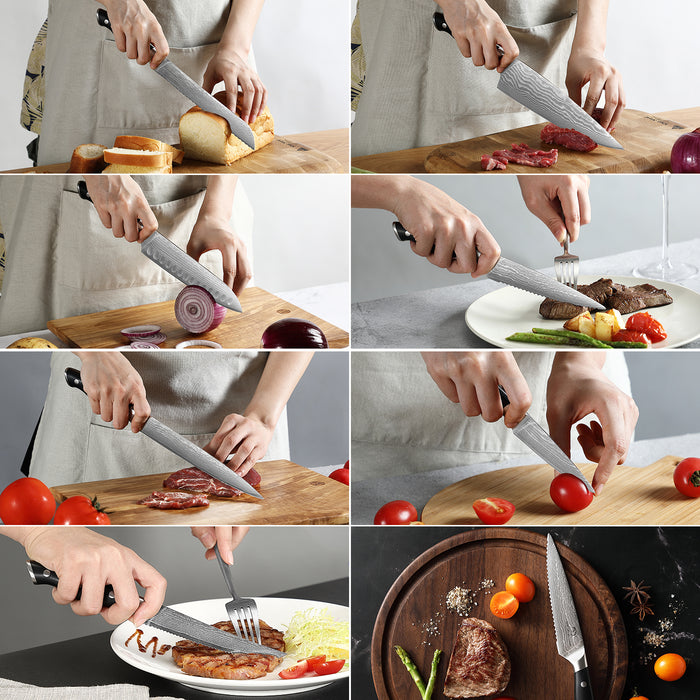 15-Piece Damascus Kitchen Knife Set with Wooden Block and 6 Pcs Steak Knife
