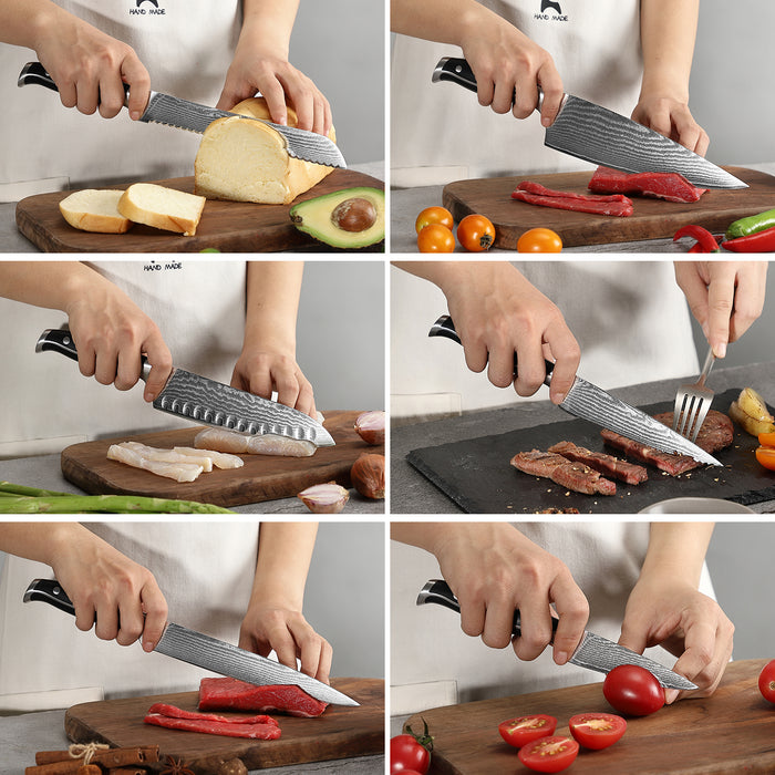 9-Piece Damascus Kitchen Knife Set with Wooden Block