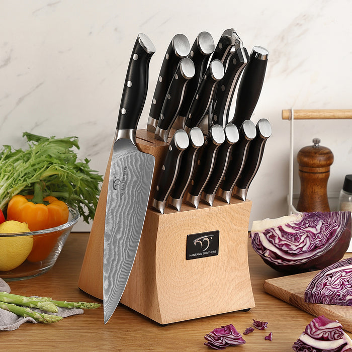 15-Piece Damascus Kitchen Knife Set with Wooden Block and 6 Pcs Steak Knife