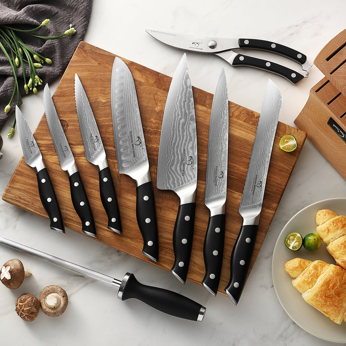 15-Piece Damascus Kitchen Knife Set with Wooden Block and 6 Pcs Steak Knife