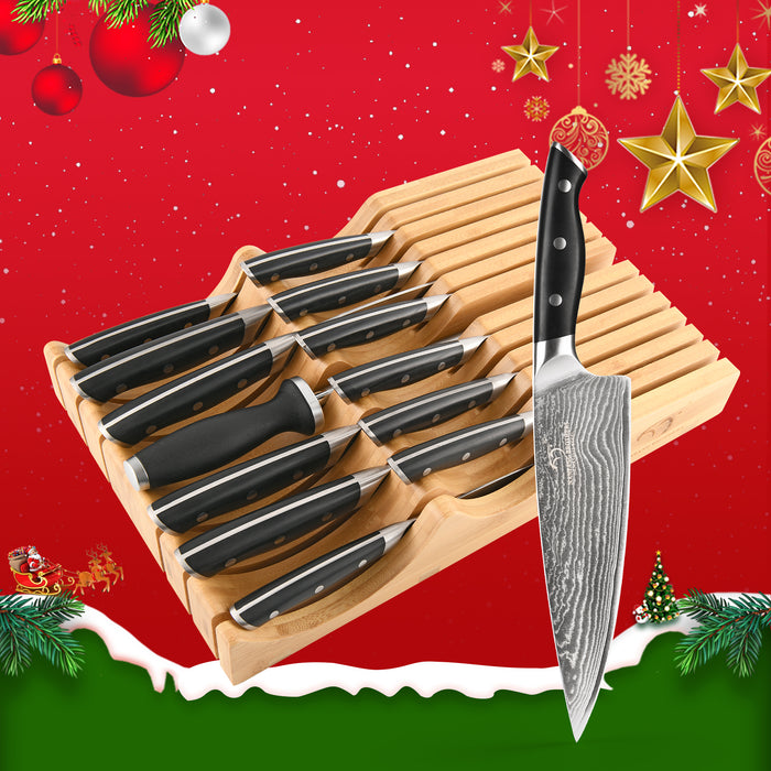 14-Pieces Damascus Kitchen Knife Set with Bamboo Drawer Organizer