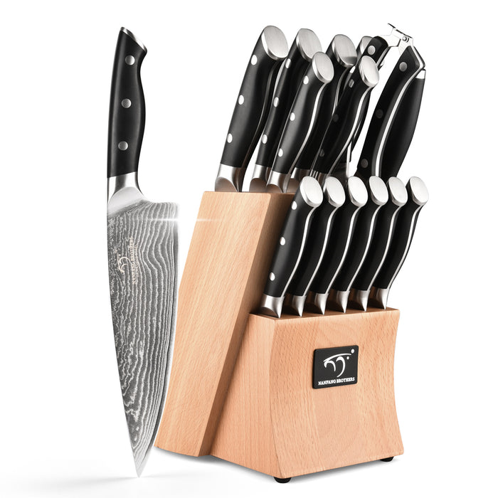 15-Piece Damascus Kitchen Knife Set with Wooden Block and 6 Pcs Steak Knife