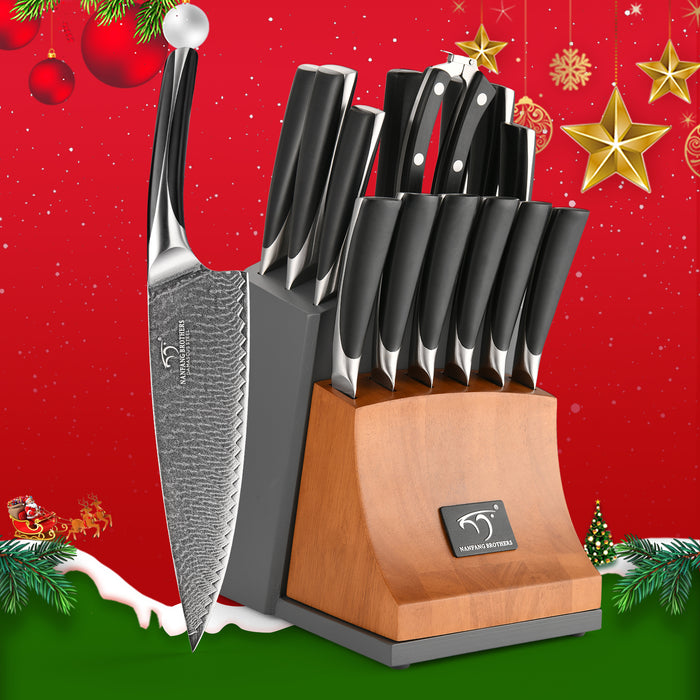 15-Piece Damascus Kitchen Knife Set with Movable Wooden Block