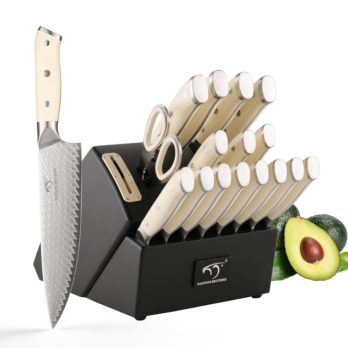 19-Pieces Damascus Kitchen Knife Set with Wooden Block, steak knives, inner Sharpener and Shear