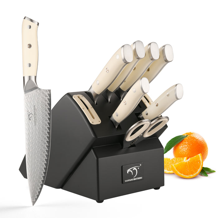 10-Pieces Damascus Kitchen Knife Set with Wooden Block, inner Sharpener and Shear