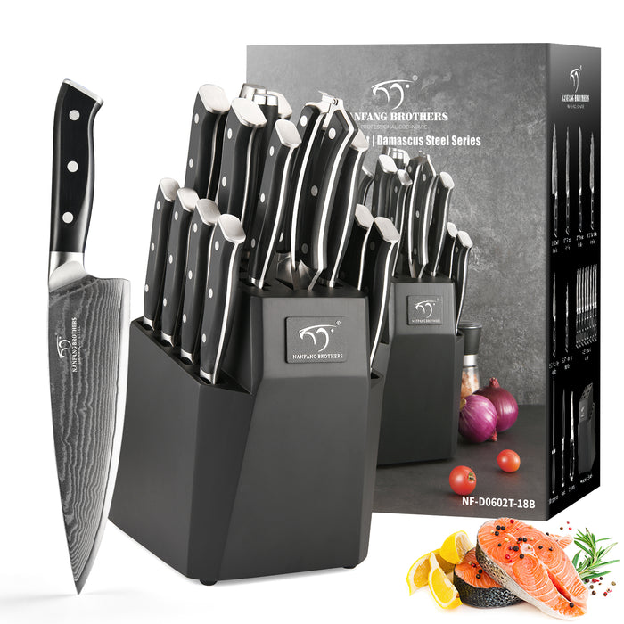 18-Pieces Damascus Knife Set with Black Wooden Block and 8 Pcs Steak Knife