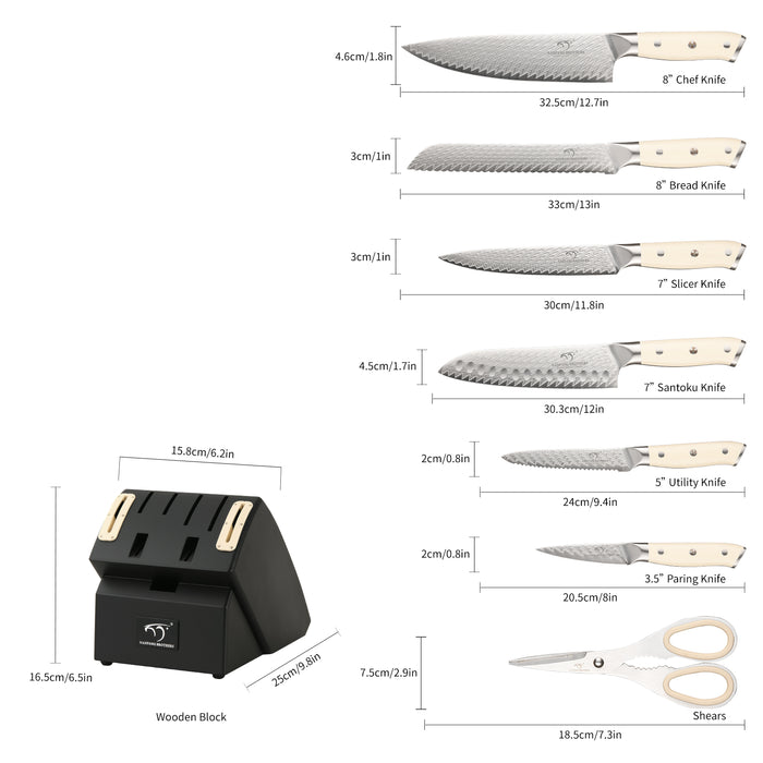 10-Pieces Damascus Kitchen Knife Set with Wooden Block, inner Sharpener and Shear