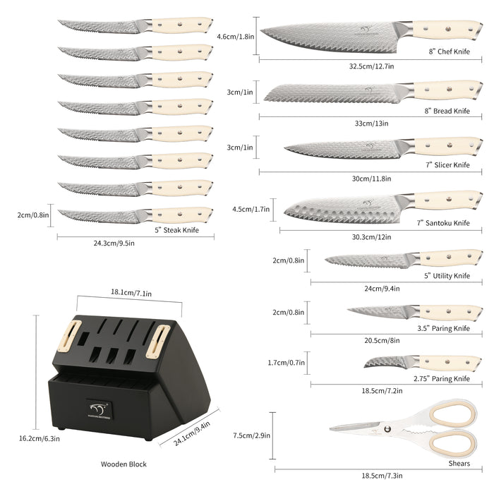 19-Pieces Damascus Kitchen Knife Set with Wooden Block, steak knives, inner Sharpener and Shear