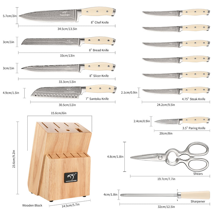 14-Pieces Damascus Kitchen Knife Set with Rubber Wood Block and White Handle