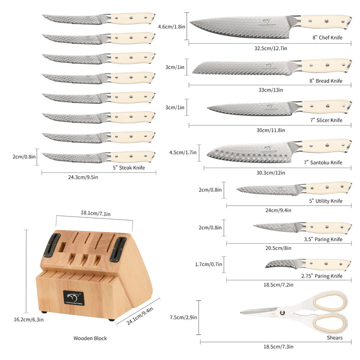 19-Pieces Damascus Kitchen Knife Set with Wooden Block, steak knives, inner Sharpener and Shear