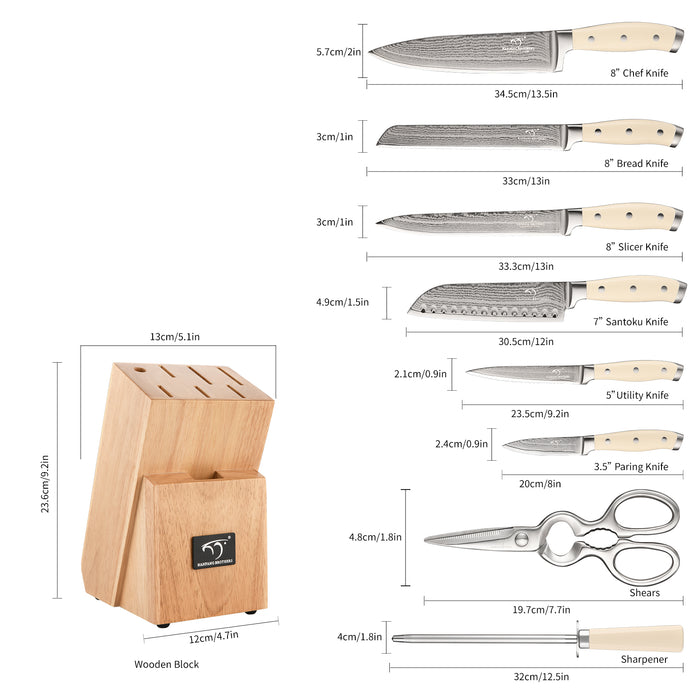 9-Pieces Damascus Kitchen Knife Set with Rubber Wood Block