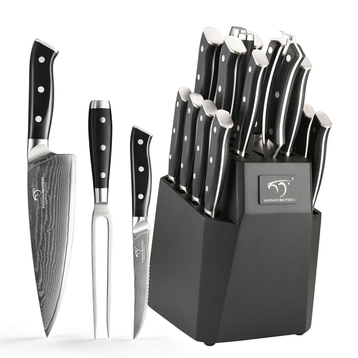 18-Pieces Damascus Knife Set with Black Wooden Block and 8 Pcs Steak Knife