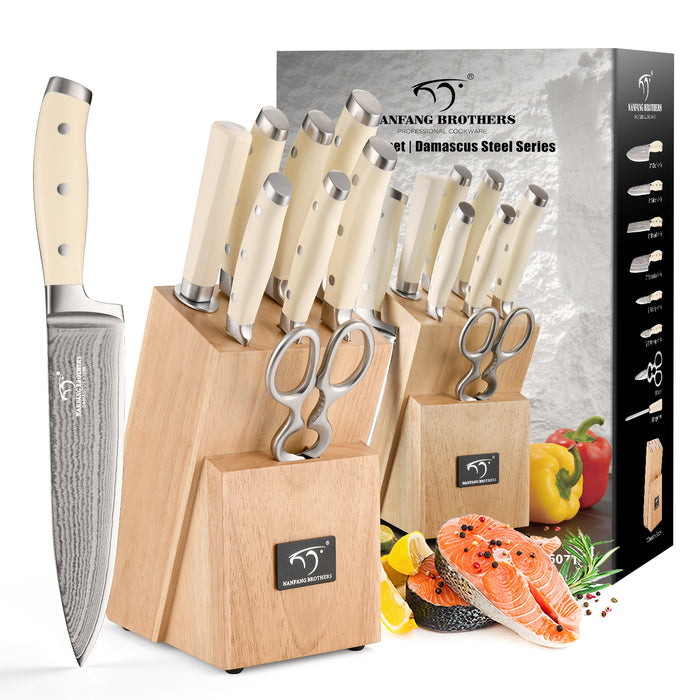 9-Pieces Damascus Kitchen Knife Set with Rubber Wood Block