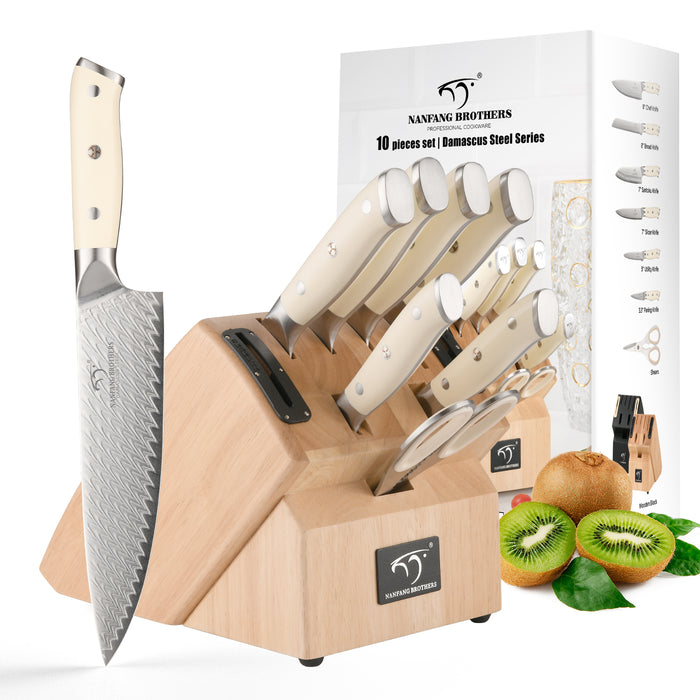 10-Pieces Damascus Kitchen Knife Set with Wooden Block, inner Sharpener and Shear