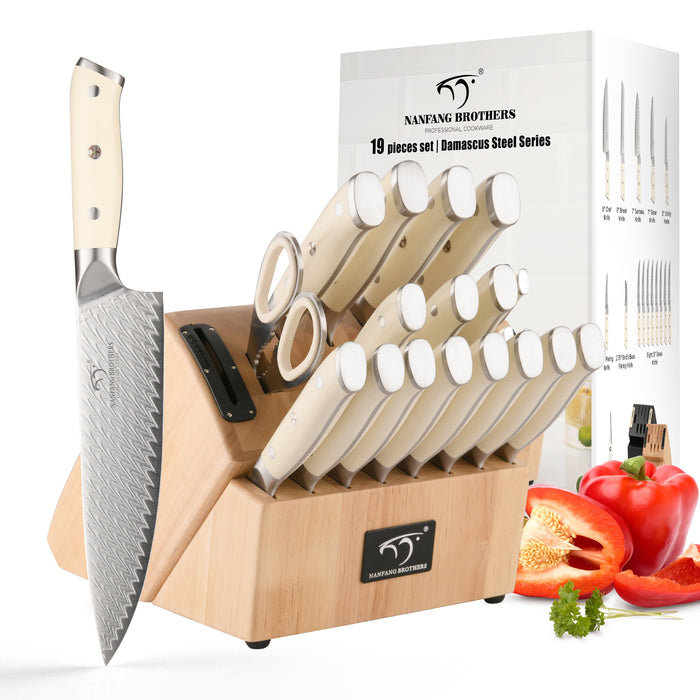 19-Pieces Damascus Kitchen Knife Set with Wooden Block, steak knives, inner Sharpener and Shear