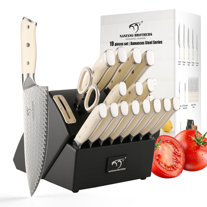 19-Pieces Damascus Kitchen Knife Set with Wooden Block, steak knives, inner Sharpener and Shear