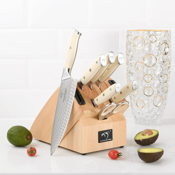 10-Pieces Damascus Kitchen Knife Set with Wooden Block, inner Sharpener and Shear