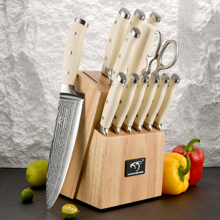 14-Pieces Damascus Kitchen Knife Set with Rubber Wood Block and White Handle