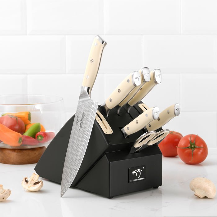 10-Pieces Damascus Kitchen Knife Set with Wooden Block, inner Sharpener and Shear