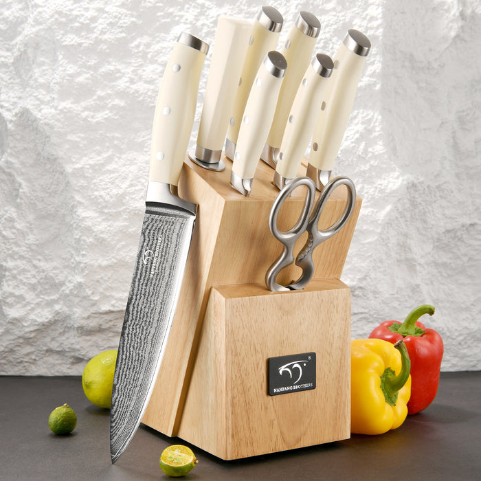 9-Pieces Damascus Kitchen Knife Set with Rubber Wood Block