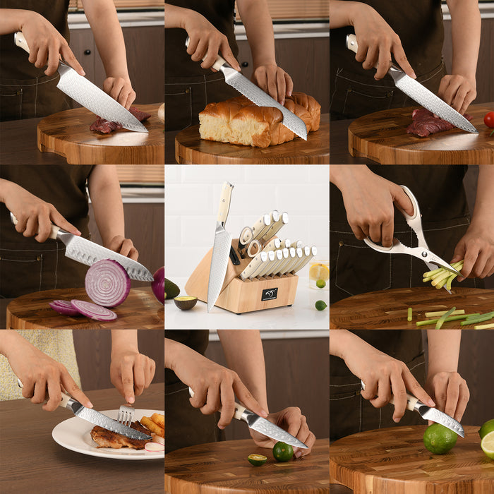 19-Pieces Damascus Kitchen Knife Set with Wooden Block, steak knives, inner Sharpener and Shear