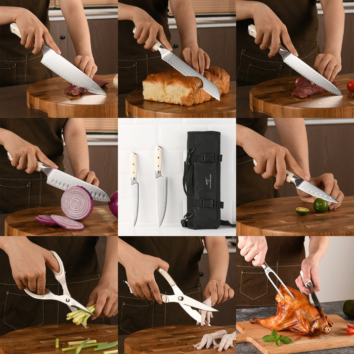9-Pieces 3D Pattern Damascus Kitchen Knife Set with Oxford Fabric Roll, Fork and two Kitchen Shears