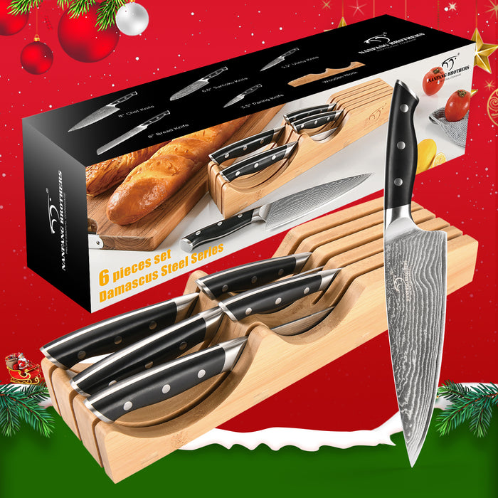 6-Pieces Damascus Kitchen Knife Set with Bamboo Drawer Organizer