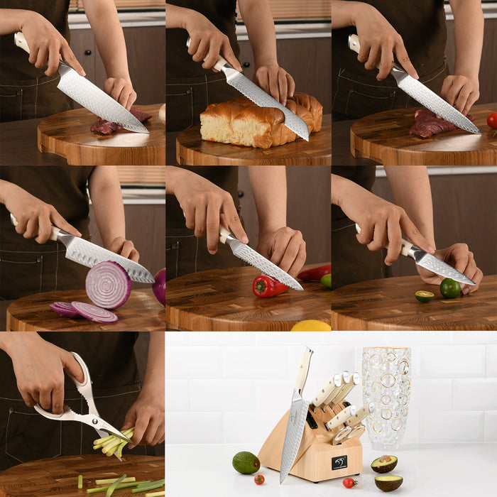 10-Pieces Damascus Kitchen Knife Set with Wooden Block, inner Sharpener and Shear