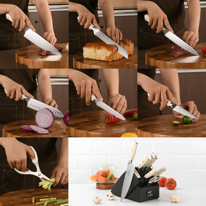 10-Pieces Damascus Kitchen Knife Set with Wooden Block, inner Sharpener and Shear