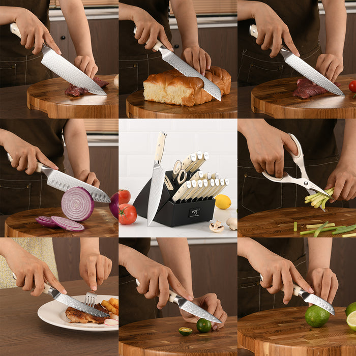 19-Pieces Damascus Kitchen Knife Set with Wooden Block, steak knives, inner Sharpener and Shear