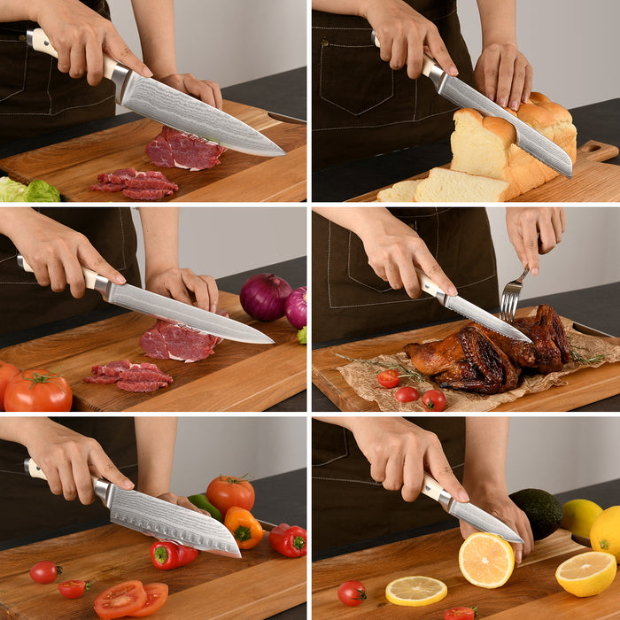 9-Pieces Damascus Kitchen Knife Set with Rubber Wood Block