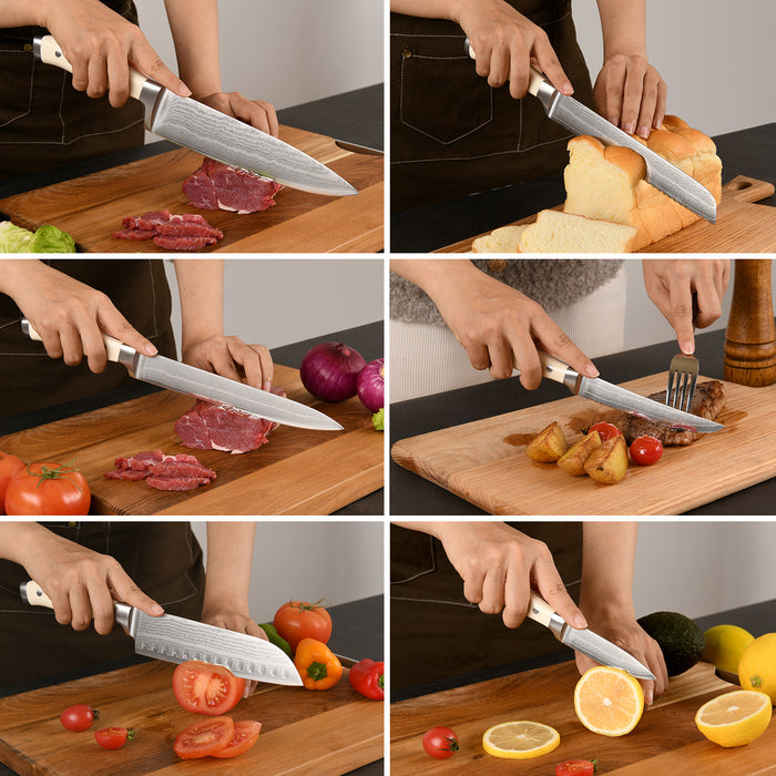 14-Pieces Damascus Kitchen Knife Set with Rubber Wood Block and White Handle