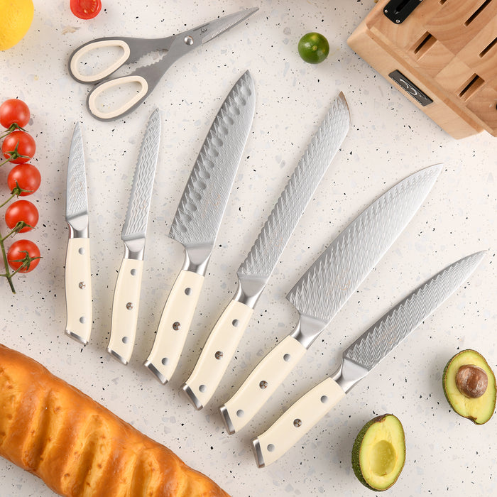 10-Pieces Damascus Kitchen Knife Set with Wooden Block, inner Sharpener and Shear
