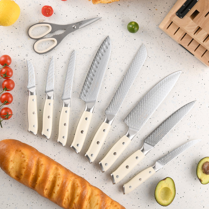19-Pieces Damascus Kitchen Knife Set with Wooden Block, steak knives, inner Sharpener and Shear