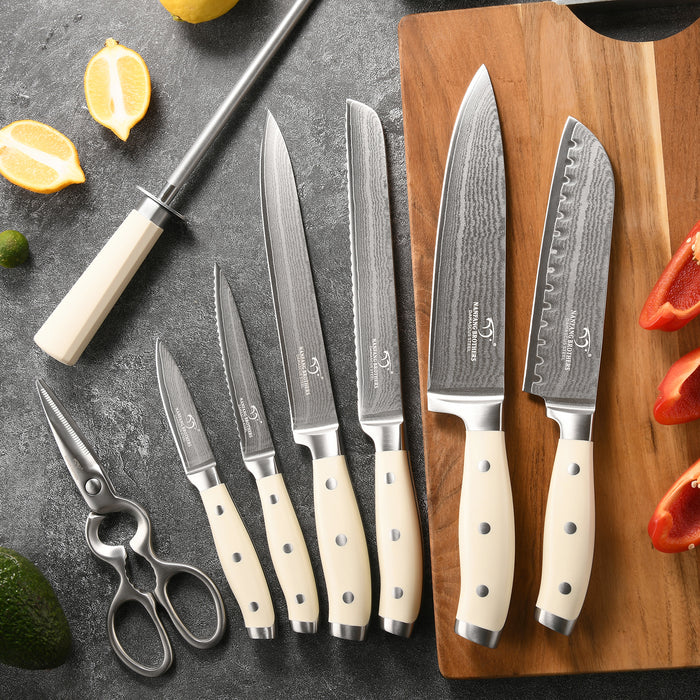 9-Pieces Damascus Kitchen Knife Set with Rubber Wood Block