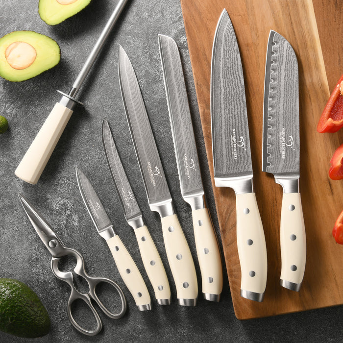 14-Pieces Damascus Kitchen Knife Set with Rubber Wood Block and White Handle