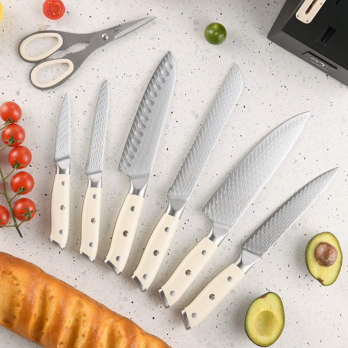 10-Pieces Damascus Kitchen Knife Set with Wooden Block, inner Sharpener and Shear