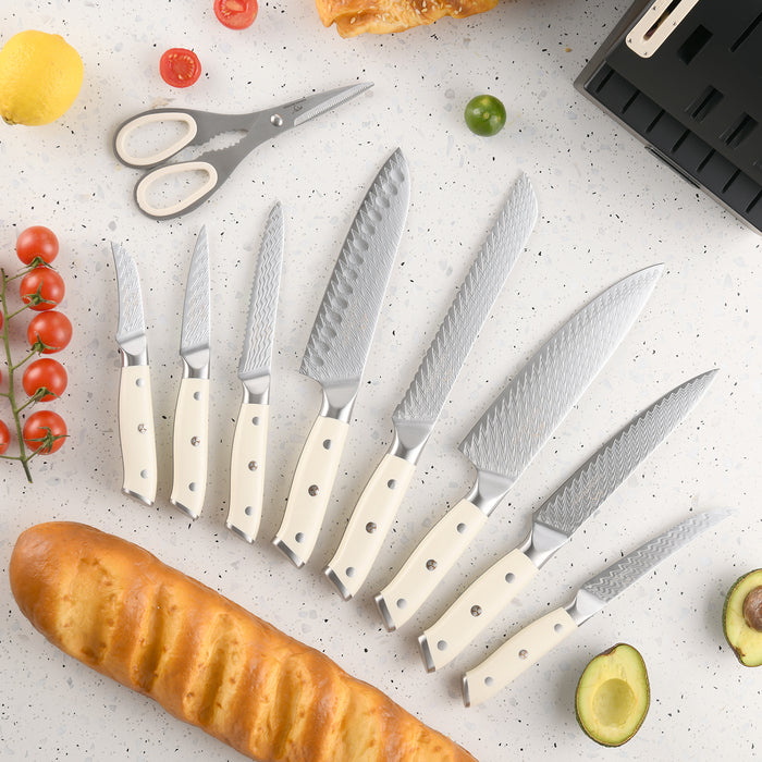 19-Pieces Damascus Kitchen Knife Set with Wooden Block, steak knives, inner Sharpener and Shear
