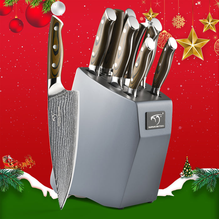 9-Pieces Damascus Kitchen Knife Set with G10 High Fiber Handle