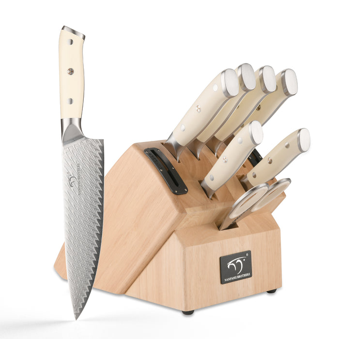 10-Pieces Damascus Kitchen Knife Set with Wooden Block, inner Sharpener and Shear