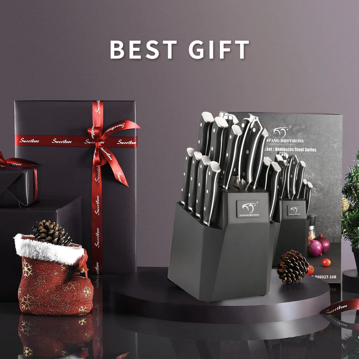 18-Pieces Damascus Knife Set with Black Wooden Block and 8 Pcs Steak Knife