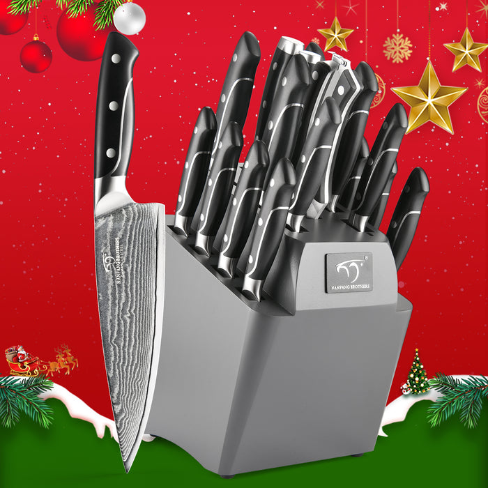 18-Pieces Damascus Kitchen Knife Set with Wooden Block and 8 Pcs Steak Knife