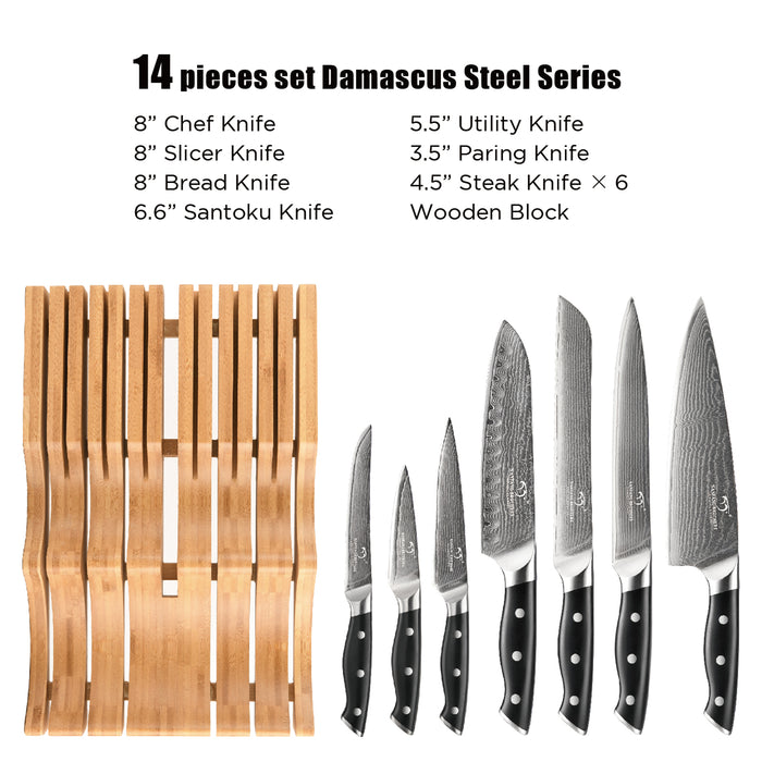 14-Pieces Damascus Kitchen Knife Set with Bamboo Drawer Organizer