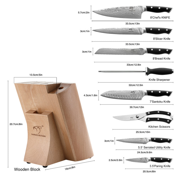 9-Piece Damascus Kitchen Knife Set with Wooden Block