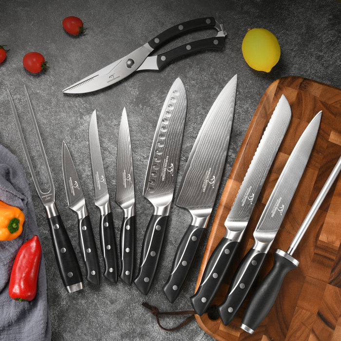 18-Pieces Damascus Kitchen Knife Set with Wooden Block and 8 Pcs Steak Knife