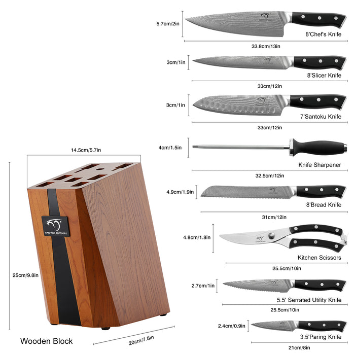 9-Pieces Damascus Kitchen Knife Set with Wooden Block