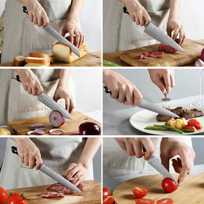 9-Piece Damascus Kitchen Knife Set with Wooden Block