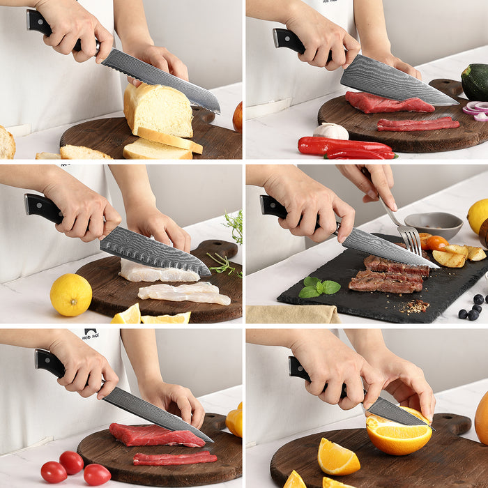 9-Pieces Damascus Kitchen Knife Set with Wooden Block