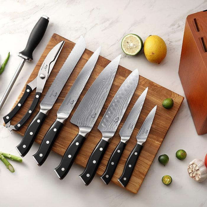 9-Pieces Damascus Kitchen Knife Set with Wooden Block