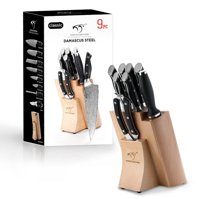 9-Piece Damascus Kitchen Knife Set with Wooden Block